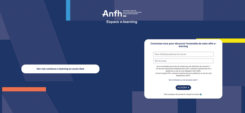 Page de connexion du site l'espace e-learning de l'ANFH